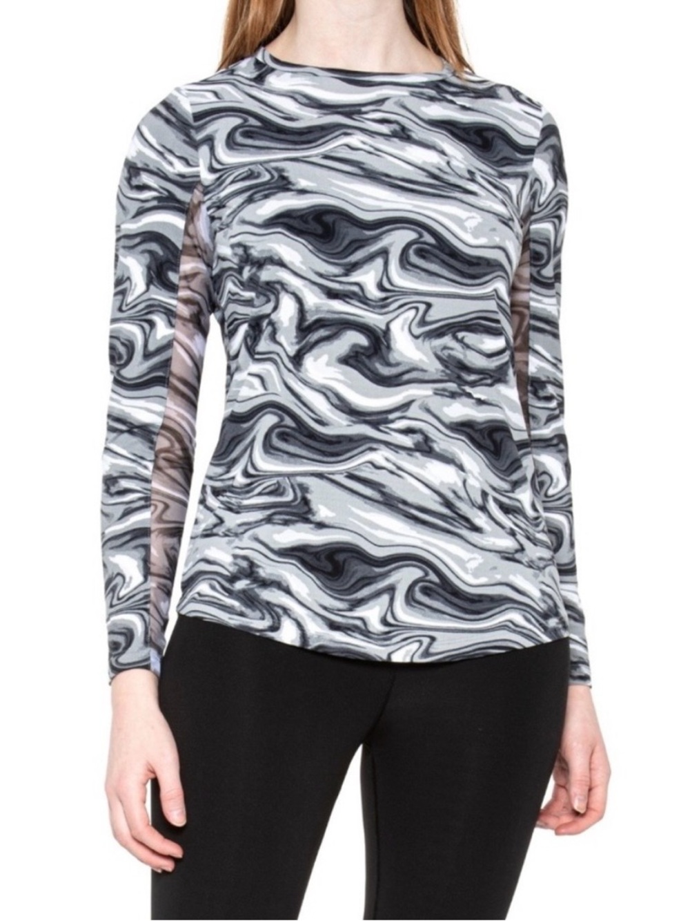 IBKUL Women’s Long Sleeve Crew Neck Pullover Devin Cooling Shirt Black Marble XS
